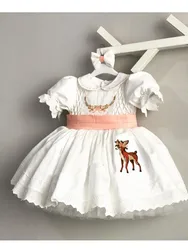 0-12Y Baby Girl Spring Summer White Deer Embroidery Vintage Spanish Princess Ball Gown Dress for Eid Causal B276