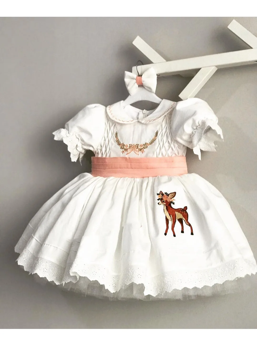 0-12Y Baby Girl Spring Summer White Deer Embroidery Vintage Spanish Princess Ball Gown Dress for Eid Causal