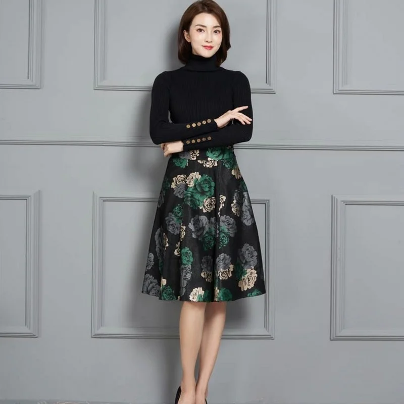 Womens Elegant 2022 New Office Lady Korean Style Classic Genuine Leather Vintage Knee Length Casual A-Line High Waist Skirt