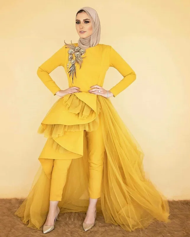 Yellow Muslim Prom Jumpsuit with Train 2020 Long Sleeve Peplum Tutu Kaftan Caftan Arabic Hijab Occasion Evening Pant Suit Dress