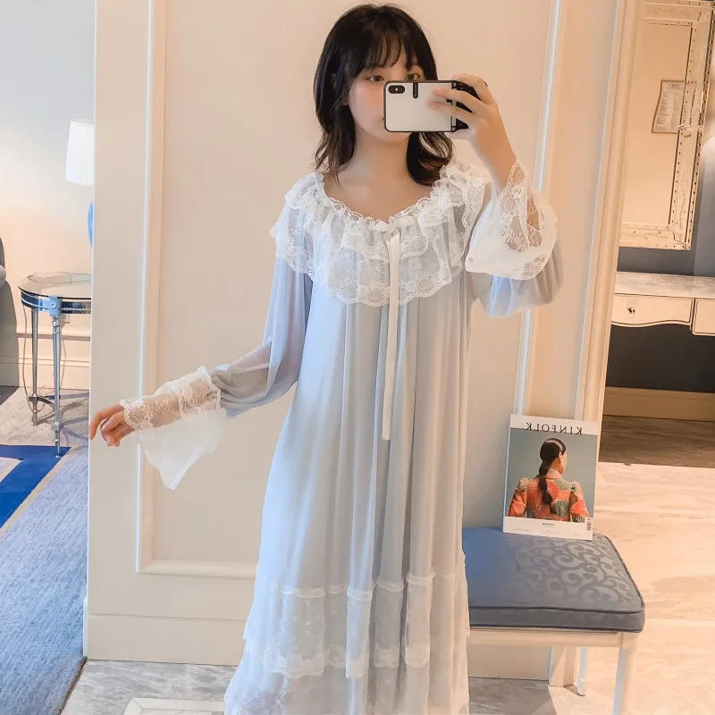 Sweet Nighty Spring Summer women Loose Lace Long Sleepshirt Palace Style Ladies princess Nightdress Casual Homewear pijama