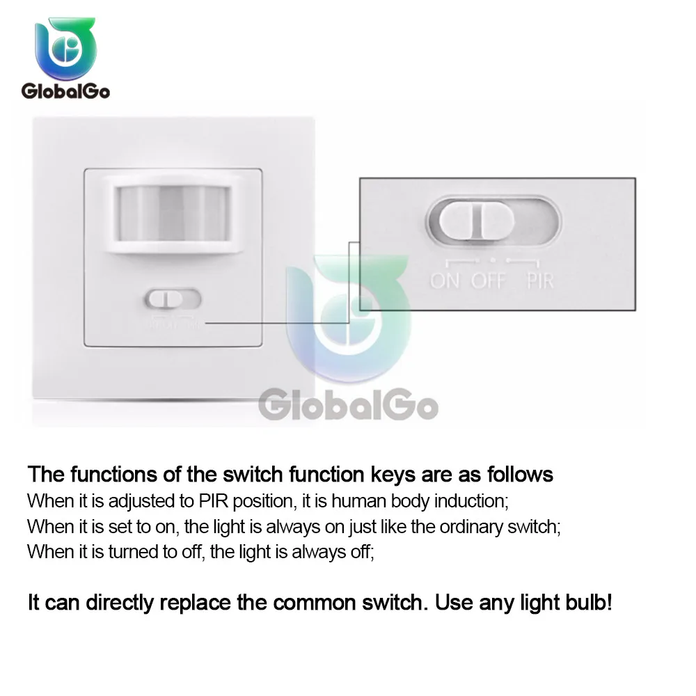 AC110-240V PIR Infrared Detector Infrared Motion Sensor Switch ON/Off Wall Switch Adjustable Time Delay Switch for Home Lighting