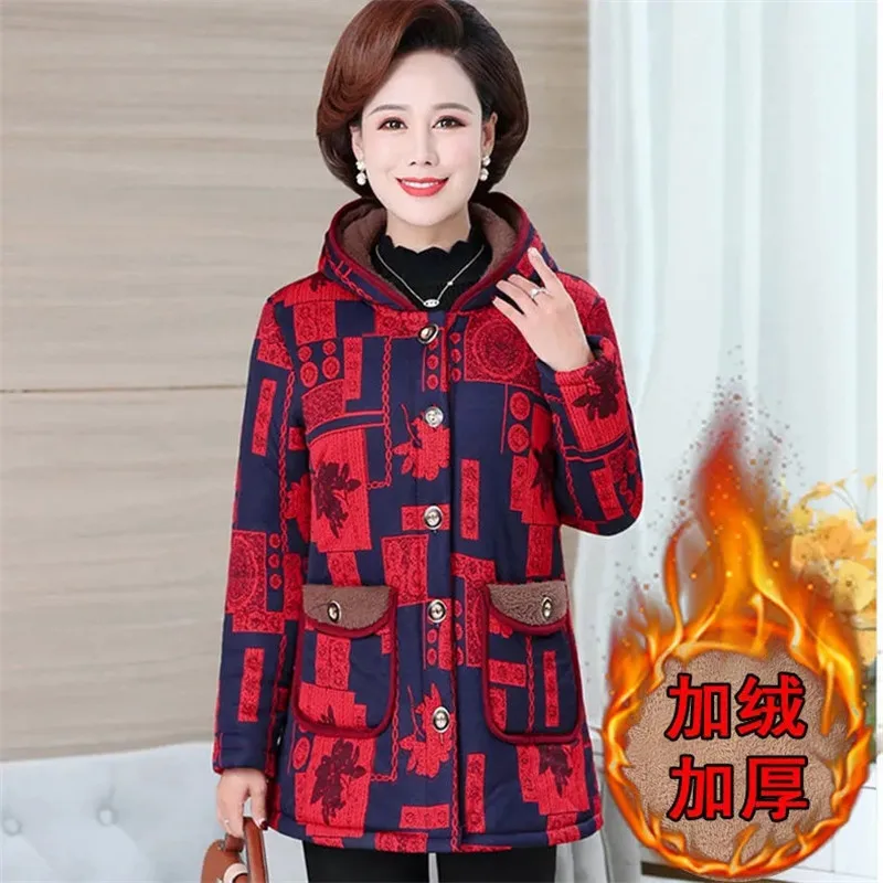 Middle-Aged Elderly Women\'s Winter Cotton Jacket 2025New Mother\'s  Plus Velvet Thick Coat Female Hooded Outwear Printed Overcoat