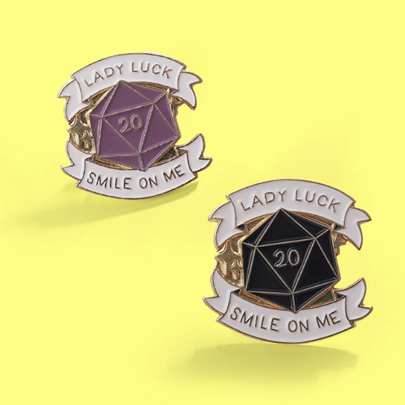 D20 sided dice Dungeons and Dragons Enamel Pin LADY LUCK,SMILE ON ME Brooches Lapel Badge for women Men D20 DnD Game Jewelry