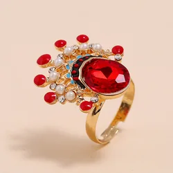 New Chinese Traditional Culture Peking Opera Red Crystal Open Rings for Women Vintage Creative Pearls Adjustable Face Ring Party