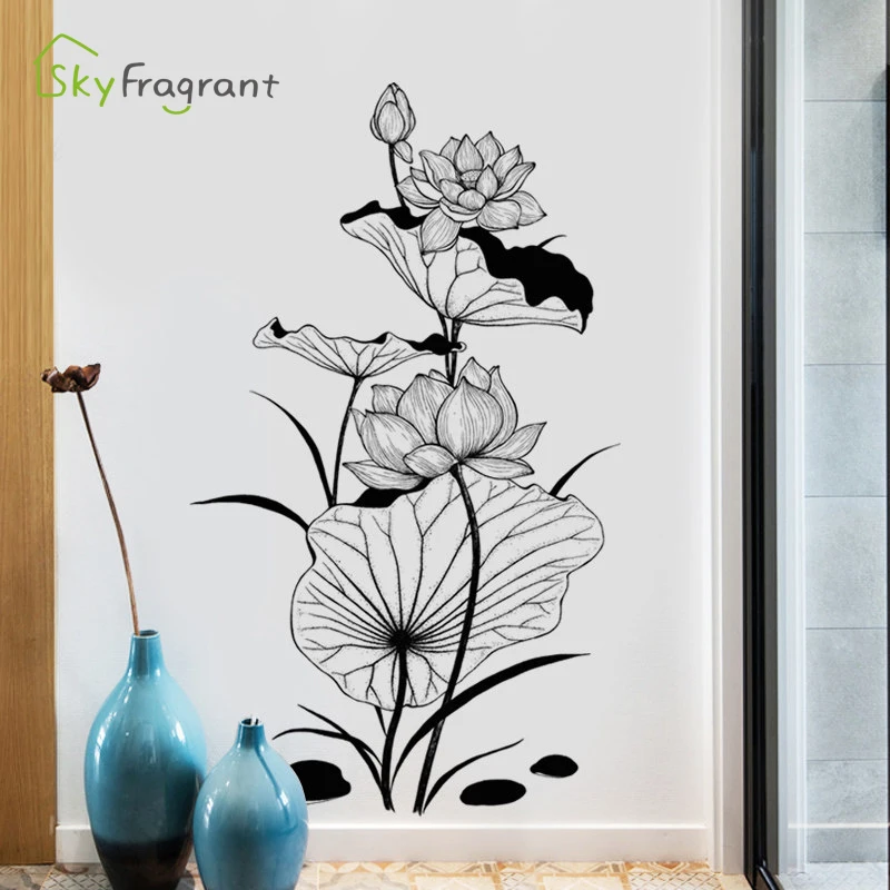 

Hand-painted Ink Lotus Wall Stickers Bedroom Home Decor Porch Living Room Sofa Background Wall Decoration Self Adhesive Sticker