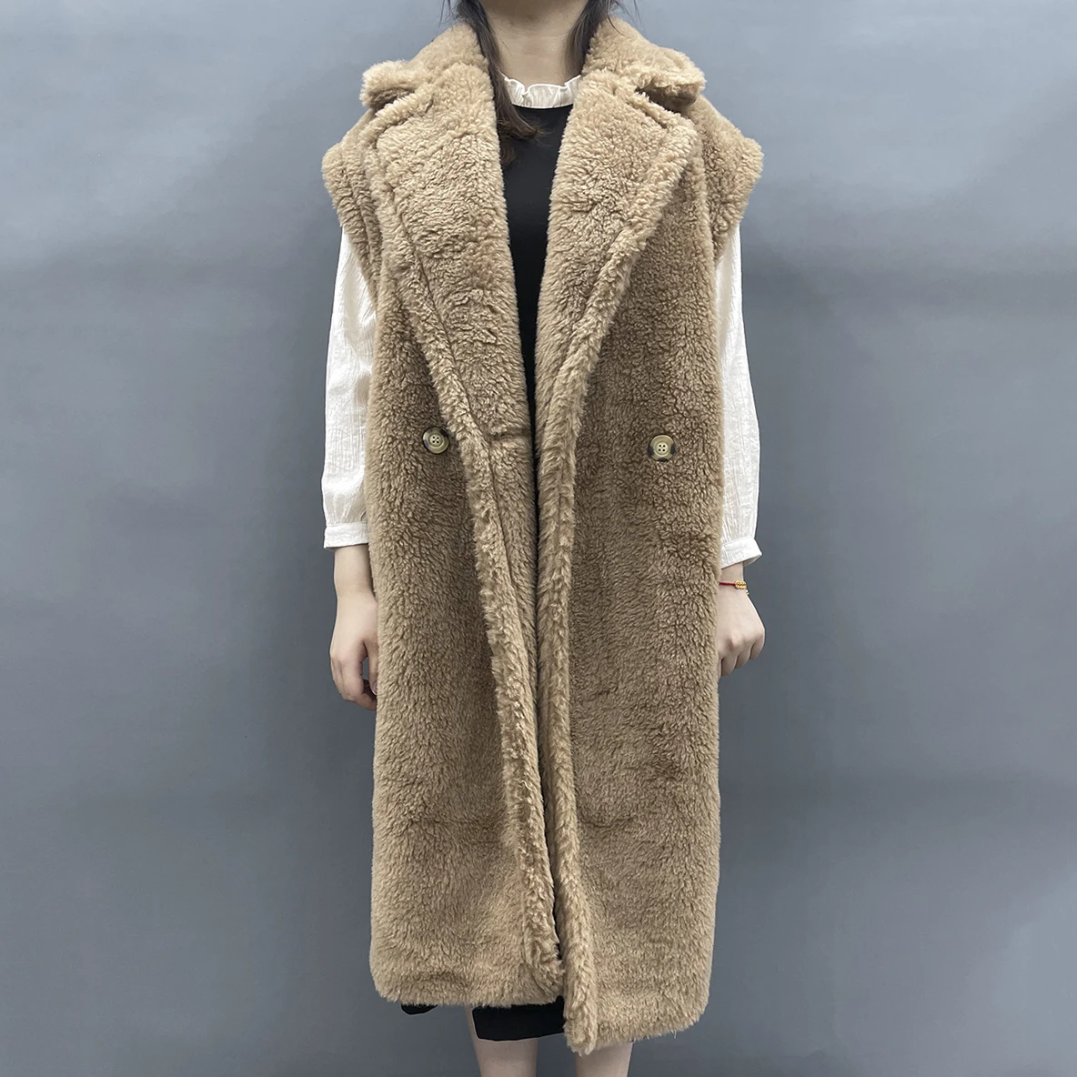 MISSJANEFUR 2022 Teddy Vest Women Long 100% Wool Real Fur Coat Sleeveless Warm Fashion Shearling Lamb Fur Winter Jacket Female