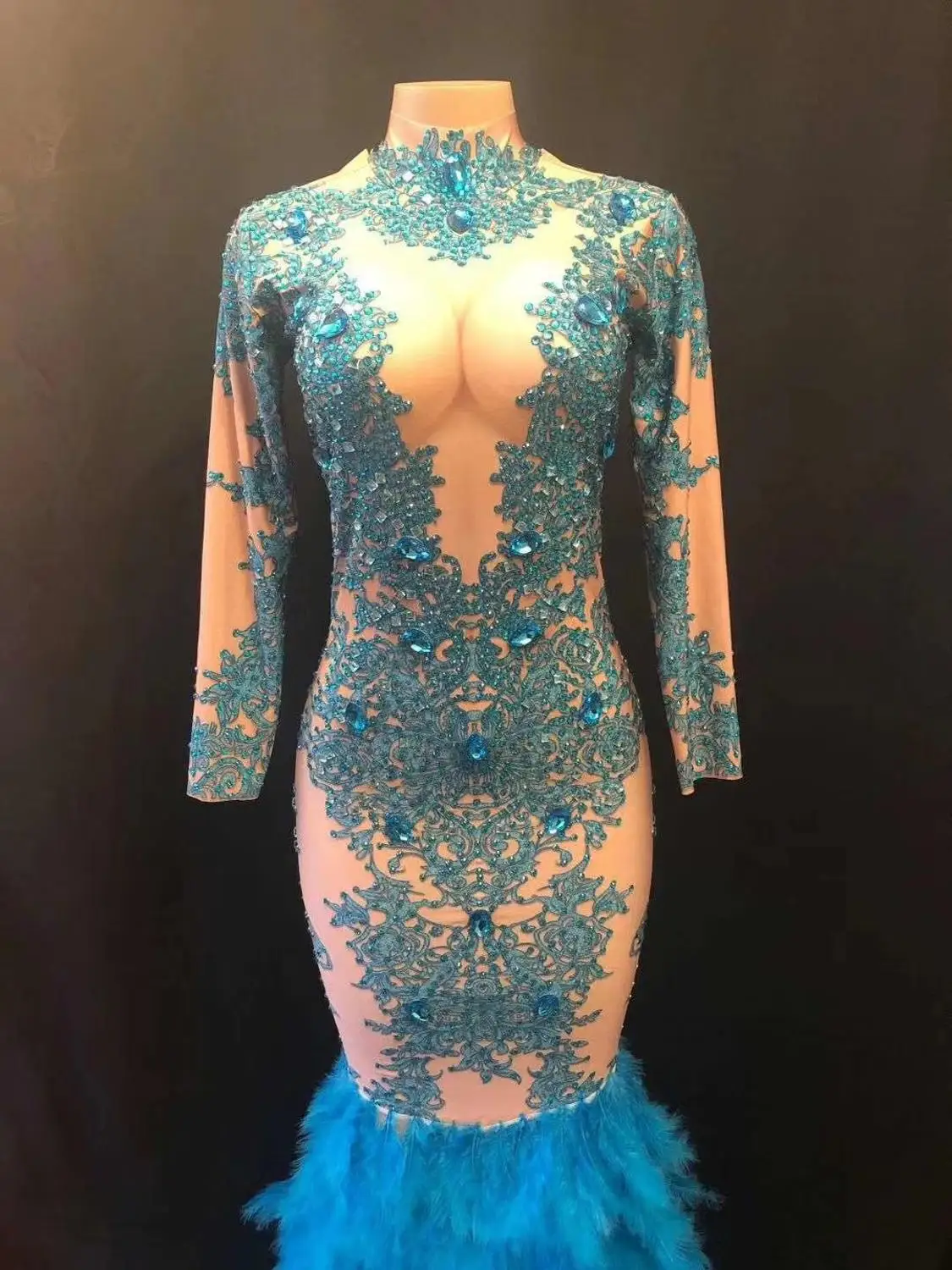 Feminino nova pena azul brilhante strass estiramento vestido longo palco outfit aniversário celebrar vestidos palco noite roupas