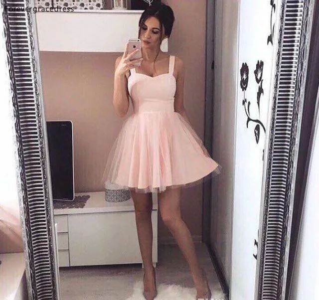 

Chic Pink Simple Mini Short Prom Dress Sexy A Line Tulle Juniors Sweet 15 Graduation Cocktail Party Dress Plus Size