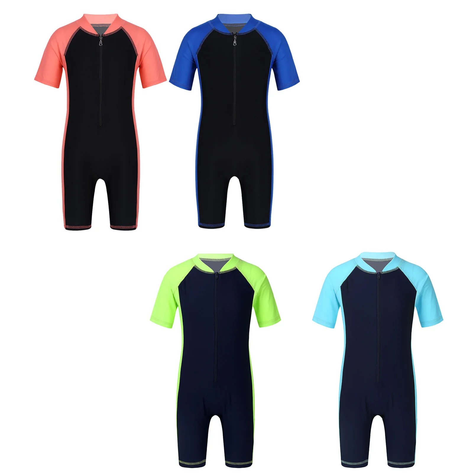 Kids Boys Girls One-piece Suits Rash Guards for Surfing Short Sleeves Zippered Shorty Wetsuits Swimsuit Swimwear Bathing Suits