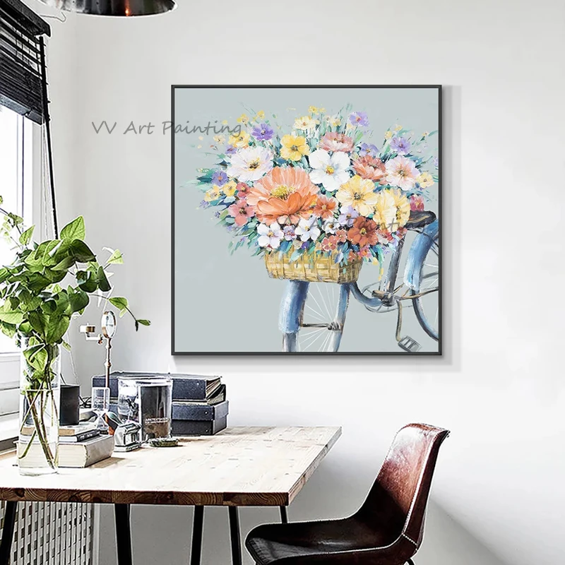 Abstract Canvas Painting Hand Painted Textured Country Bike Floral Oil Painting Soft Grey Base Modern Decor Unframed Wall Art
