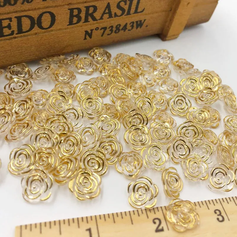 50 pcs Gold Transparent Rose Flower Acrylic Buttons for Decoration Handmade Craft Sewing Accessories PT134