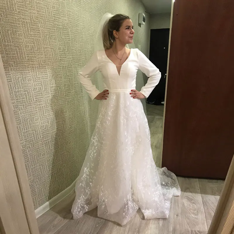 

AE0007 Boho Robe De Mariee Vestido Novia Wedding Dress Satin Longue Long Sleeves Robe De Soiree Simple Bride To Be