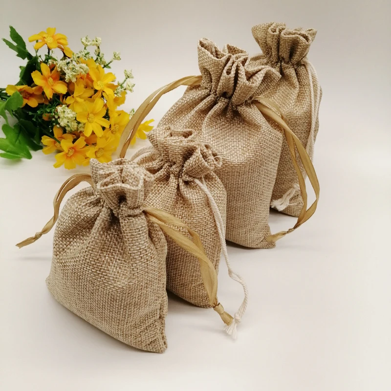 Sac cadeau en jute fait à la main avec ficelle de proximité, sac en lin, bricolage, fête de Noël, mariage, poudres de bijoux, 20 pièces, Zak