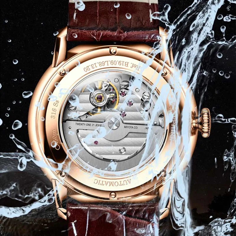 LOBINNI 브랜드 남자 기계식 시계 패션 사파이어 방수 자동 남자 시계 날짜 주 표시 손목 시계