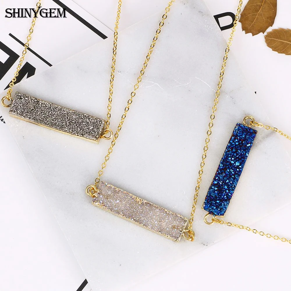ShinyGem 10*40 مللي متر Druzy حجر اليدوية المعدنية كريستال مستطيلة قلادة الذهب سلسلة الأحجار الكريمة الطبيعية مجوهرات للنساء #6