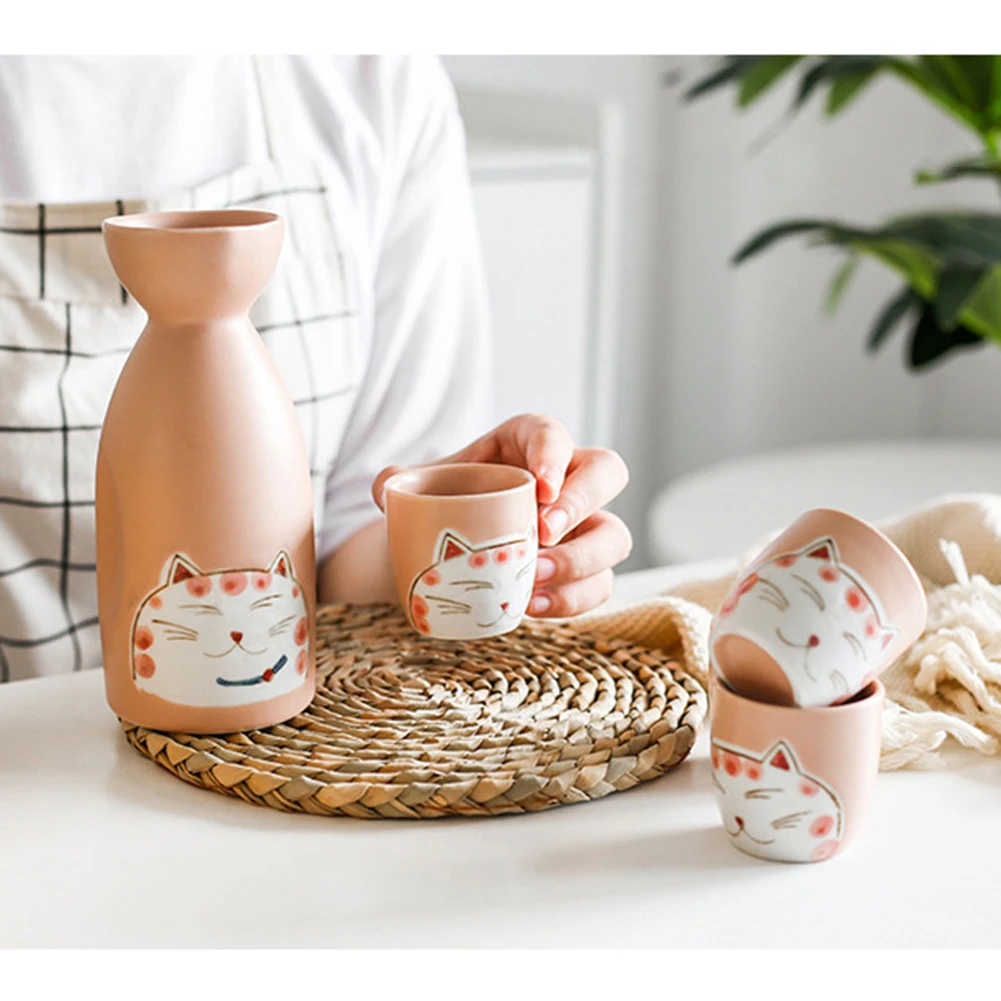 1Bottle 4 Cups Japanese Sake Set Plain Printed Handmade Porcelain Sake Cups Porcelain Wine Bottle Porcelain Bottle For Drinking