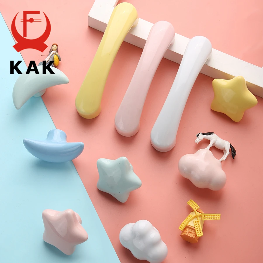 KAK Ceramic Cartoon Furniture Knobs Kids Room Drawer Closet Handles for Cabinets Colorful Cloud Star Kitchen Handle Hardware