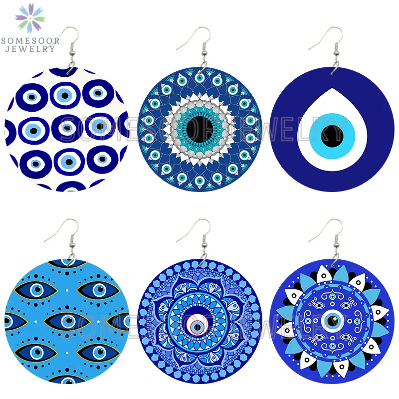 

SOMESOOR Bule Evil Eye Amulet Against Printed Wooden Drop Earrings Traditional Ethnic Boho Loops Dangle Jewelry For Women Gifts