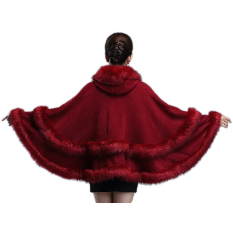 EuropeStyle Fashion Double Faux Fox Fur Coat Cape Hooded Knit Cashmere Cloak Cardigan Outwear Plus Size Women Winter New Shawl