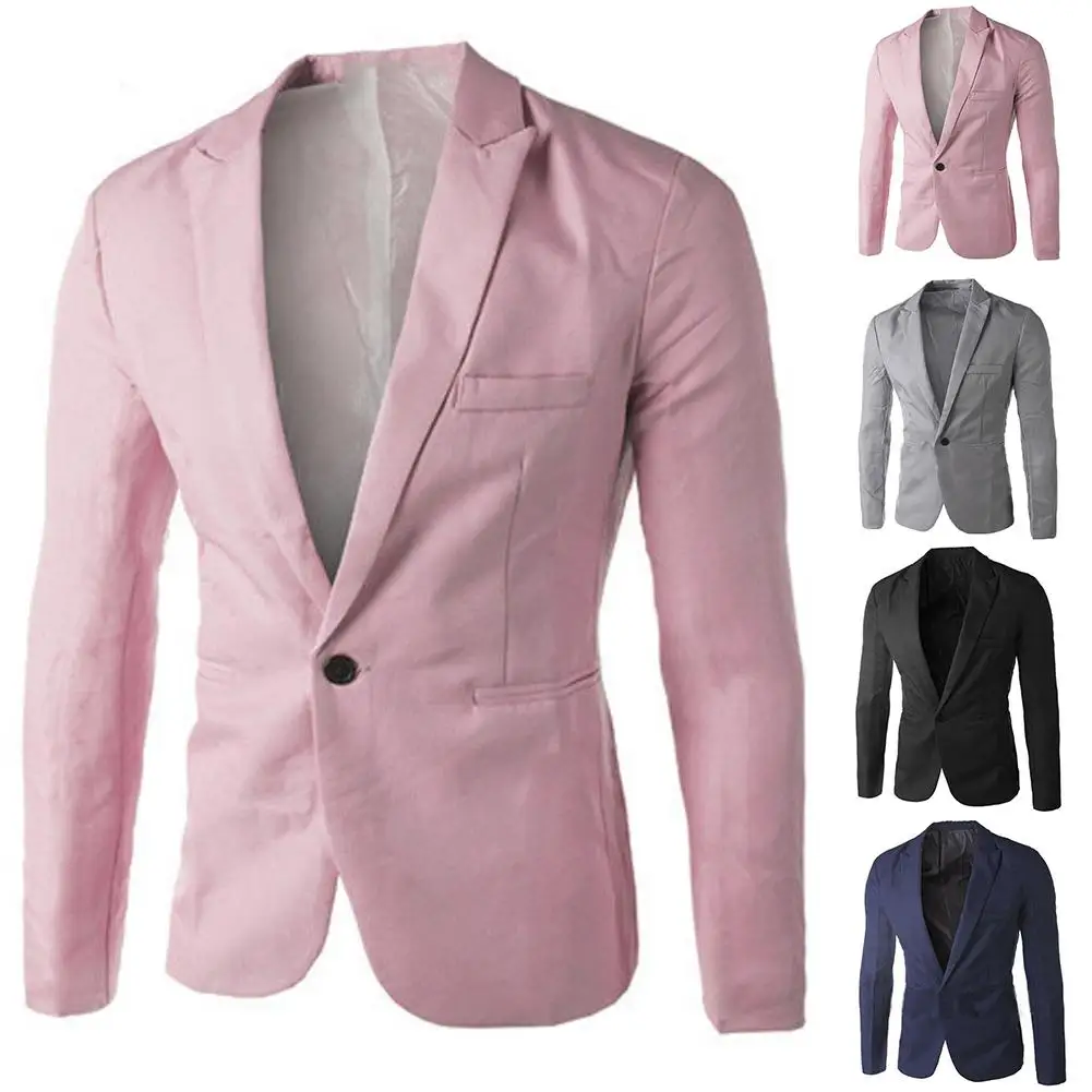 Men Solid Color Long Sleeve Lapel One Button Pocket Blazer Slim Suit Coat Fit