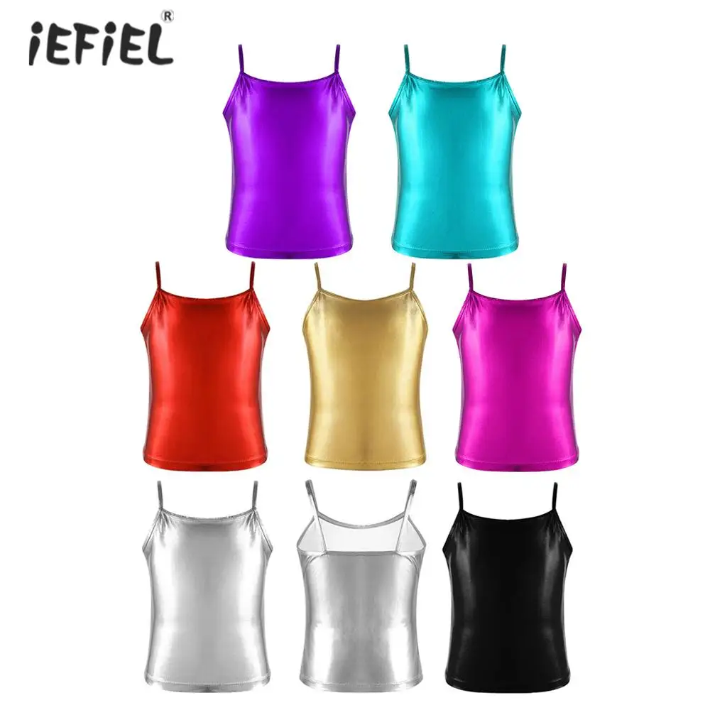 Kids Clothes Girls Shiny Metallic Camisole Tank Top Dance Costume Children Gymnastics Workout Stage Performance Clothing Tops