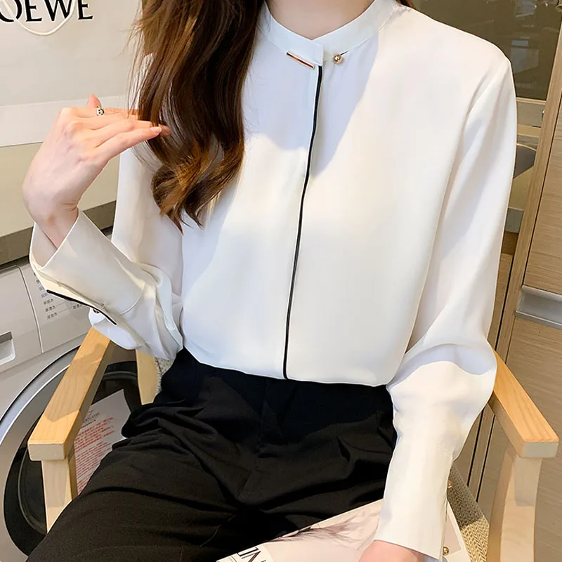 

Shirt Women's 2021 Elegantes French Style White Long Sleeve Tops Mujer Blusas Beading Dropshipping Blouse Female Clothing 1325