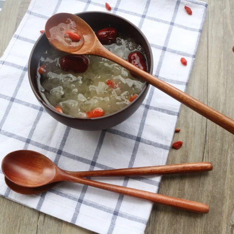 Cucharas de madera para sopa, utensilios de cocina de mango largo, 6 piezas
