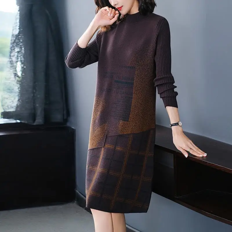 Women Knitting Dress 2024 New Retro Patchwork Loose Female Sweater For Autumn Slim Temperament Bottom Clothes High Quality