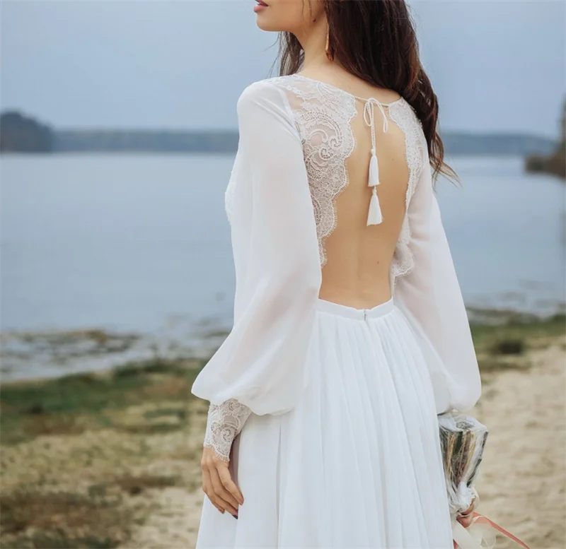 Vestido de boda de cola y cuello de barco, manga larga nupcial, corte en A, corte de encaje, Espalda descubierta, romántico