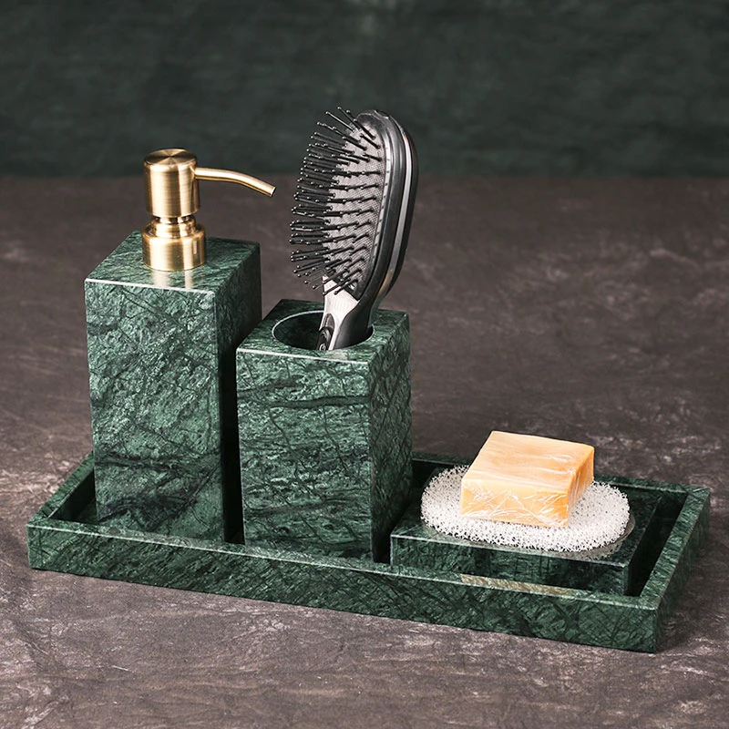 Natural Green Marble Bathroom Accessories Set Bathroom Organizer Storage Set Tumbler Lotion Bottle Toothbrush Holder Jewelry Box