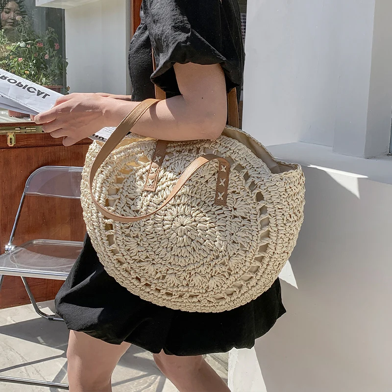 

Bohemian Round Straw Bag Paper Woven Women Shoulder Bags Handmade Lady Handbags Summer Beach Bag Large Capacity Tote Bali Purses