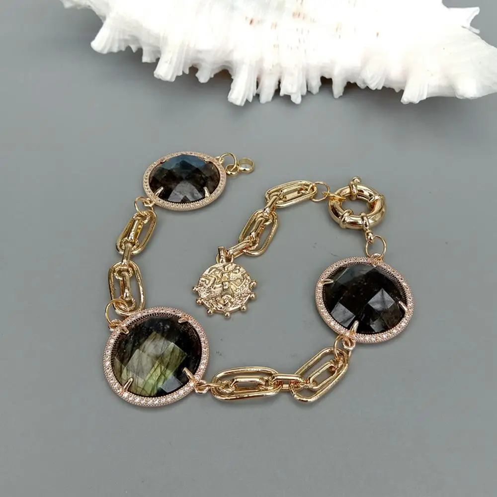 YYGEM 26 ミリメートル天然ラブラドライトコイン形状キュービックジルコニアパヴェベゼルセット宝石チェーンブレスレット