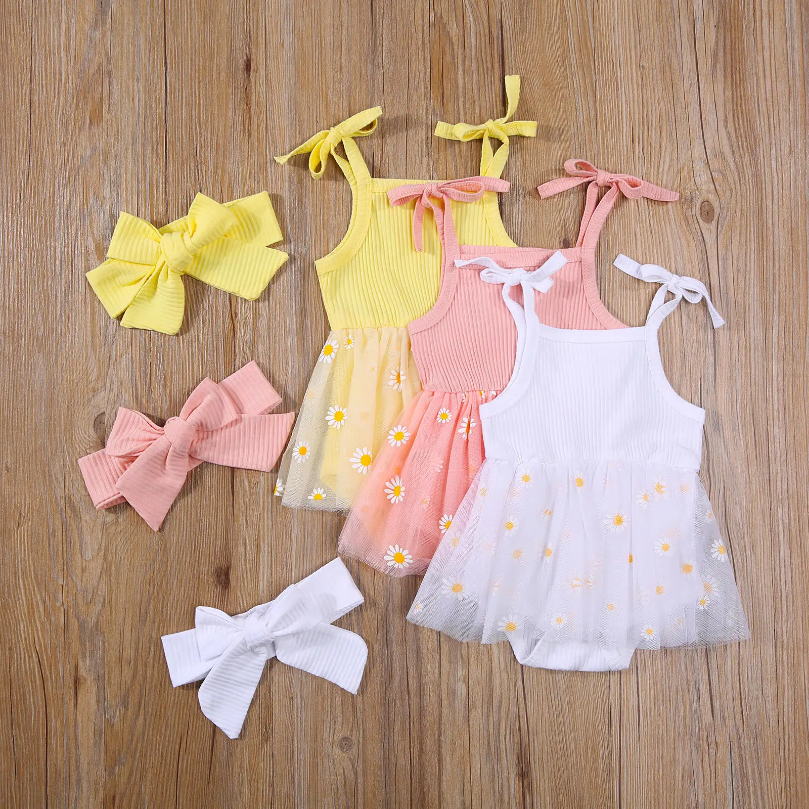 2Pcs Baby Girls Summer Outfits, Cute Self Tie Strap Sleeveless Daisy Print Tutu Romper with Headband Set