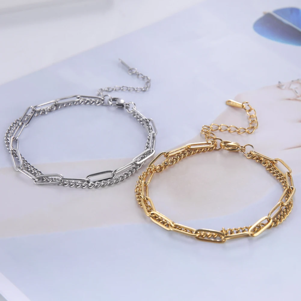 Skyrim Paper Clip Chain Link Double Layers Bracelets For Women Men Gold Color Stainless Steel Bracelet Jewelry Friends Couple