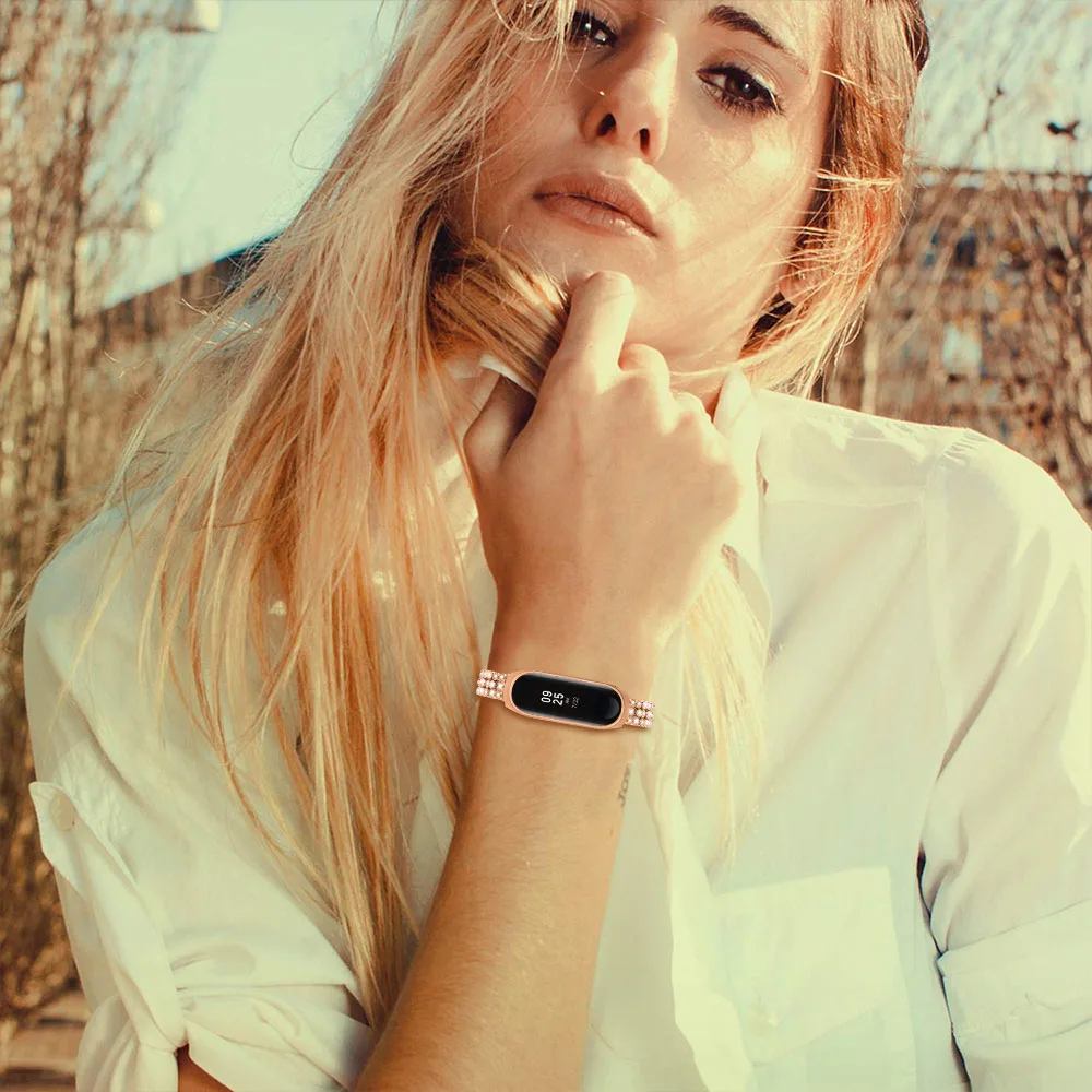 สายสแตนเลสสำหรับ Xiao mi mi Band 3 4 คริสตัลโลหะนาฬิกาสร้อยข้อมือสมาร์ทสำหรับ mi band 3 เข็มขัดนาฬิกาสายรัด mi 3/4