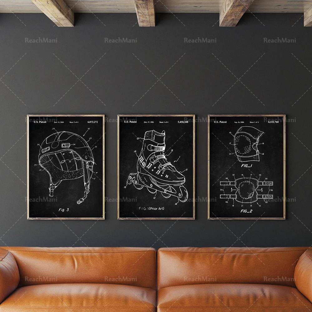 

Inline Roller Skates Patent Print Set of 3, Helmet Patent, Knee&Elbow Pad Poster, Skater's Gift, Kids Room Decor,