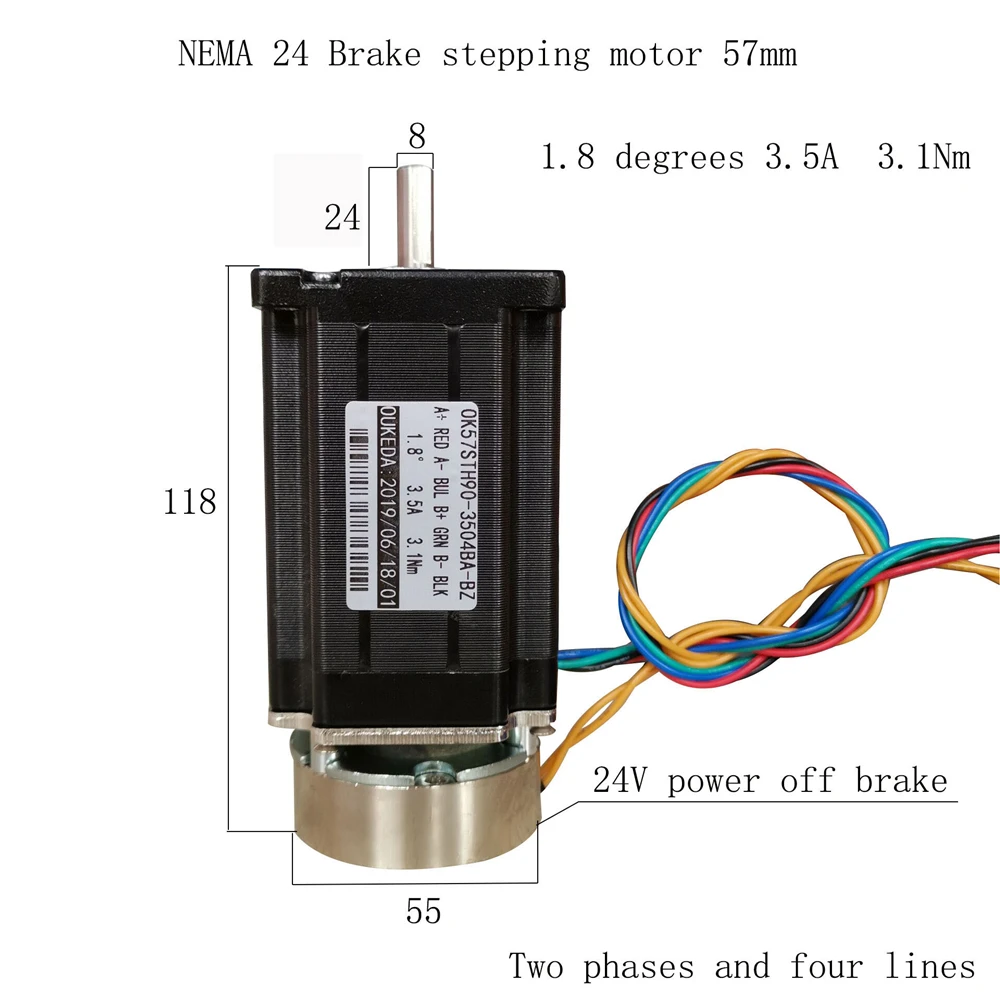 

NEMA24 Brake 60 Stepper Motor 1.8 degrees 3.5A 3.1N.m 60mm*90mm 2-phase 4-wire Stepping Motor with 24V Power Off Brake