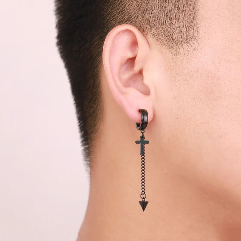 SOHOT Unisex Cross Moon Star Leaf Stick Geometry Fish Bone Black Hoop Stud Earrings Rock Man Titanium Steel Tassel Multiple Punk