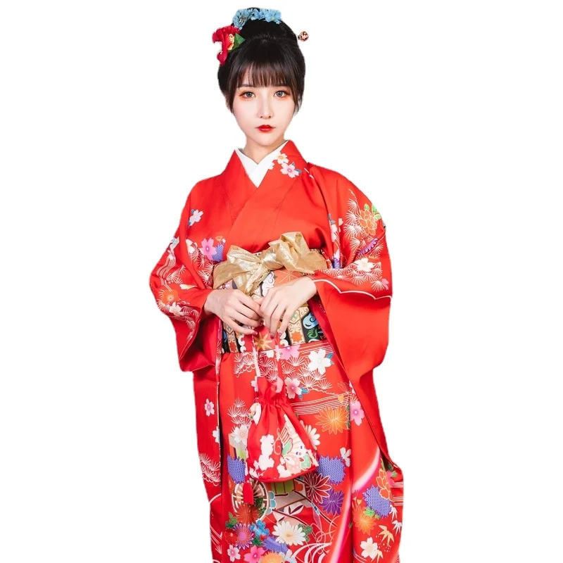 Traditional Japanese Long Kimono with Obi Belts Bow-knot Women Autumn Winter Thick Bath Robe Yukata Femme Vintage Clothing