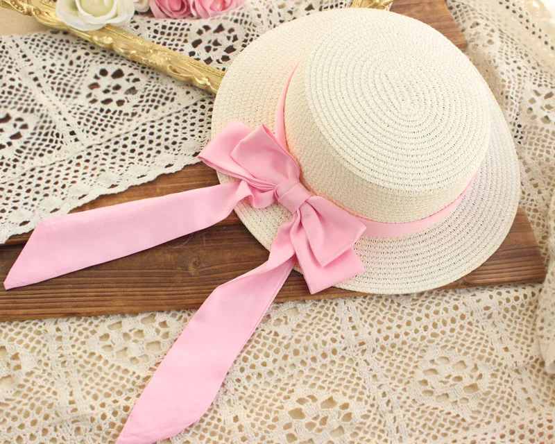 Original Handmade French Elegant Satin Bow Sunhat Lolita Summer All-Match Straw Hat Sun Protection Hat