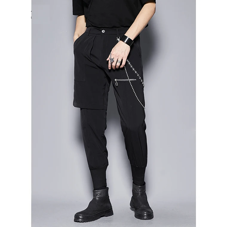 

Free Shipping New Men's Male Design Personality Fake Two-piece Asymmetric Zipper Decoration Cropped Pants Korean Style Trousers