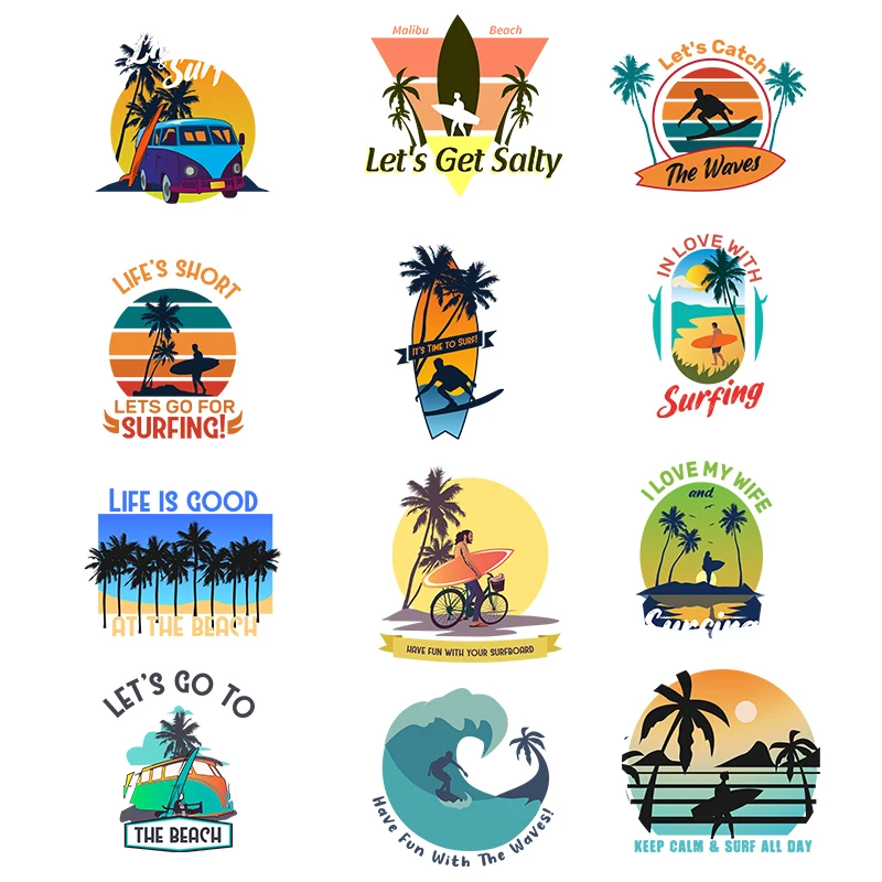 Surfing By The Sea Iron On Patches For DIY Heat Transfer Clothes T-shirt Thermal Transfer Stickers Decoration Printing