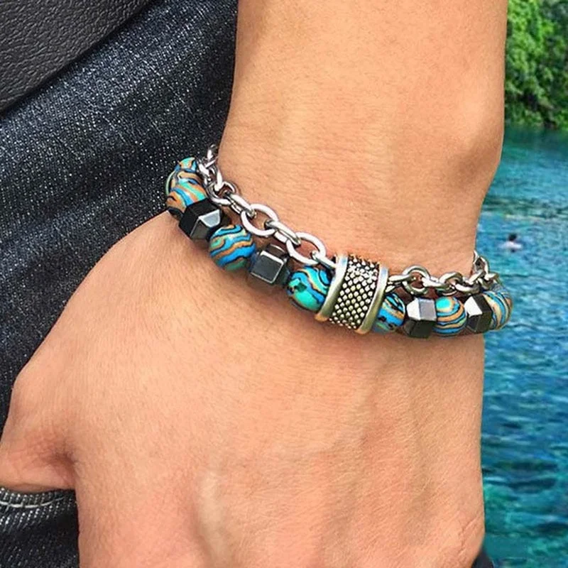 2Pcs/Set Natural Chakra Energy Stone Health Slimming Magnetic Therapy Men's Beaded Stainless Steel Bracelet Biomagnetic Bracelet