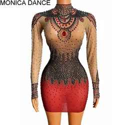 Black Red Rhinestone Transparent Short Mini Dress Bar Dancer Prom Show Outfit Evening Birthday Celebrate Party Dance Host Dress