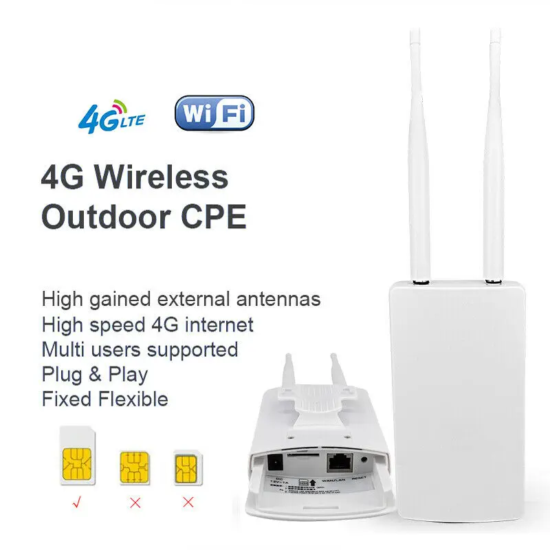 Enrutador 4G CPE para exteriores, enrutador WiFi impermeable de 150Mbps, Tarjeta SIM 3G/4G, para cámara IP/cobertura WiFi exterior