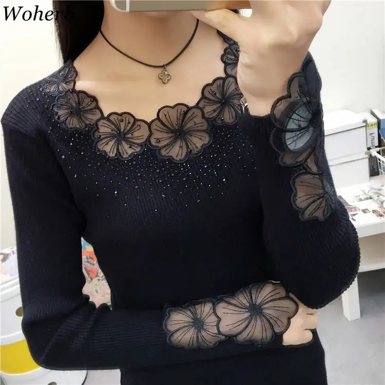 Woherb Black Sweater Women Half Turtleneck Long Sleeve Pullovers Lace Patchwork See Through Slim Knit Tops Korean Fashion 90961