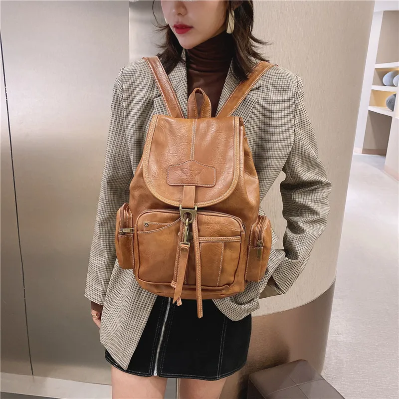 Vintage Women Backpack High Quality Leather School Bags for Teenage Girls Large Drawstring Backpacks Black Brown Rucksack XA50H