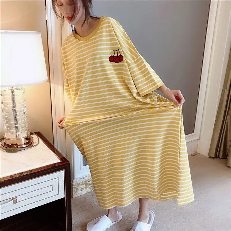 Nightgowns Women Summer Striped Plus-size 6XL Loose Korean Chic Leisure Womens Oversize Long-Pyjamas Mid-calf Breathable Cotton