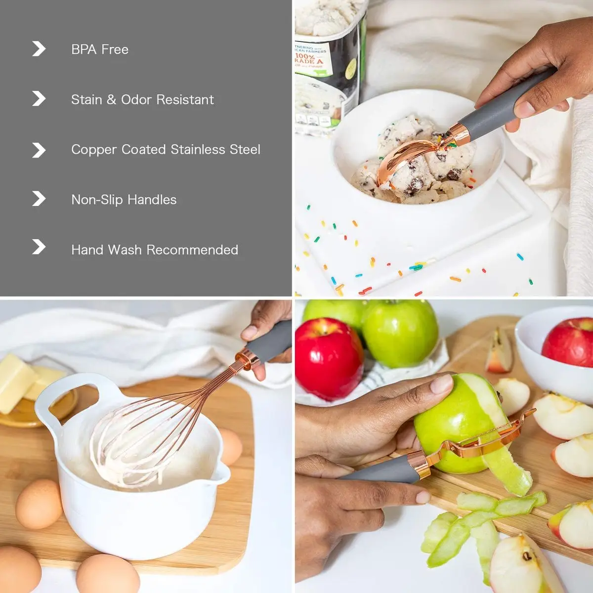 7 Pc Kitchen Gadget Set Copper Coated Stainless Steel Utensils ice scream scoop peeler garlic press cheese grater whisk